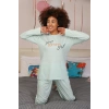 Moda Kadın Penye Uzun Kol Pijama Takım Su Yeşili