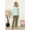 Moda Kadın Penye Uzun Kol Pijama Takım Su Yeşili
