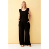 Moda Kadın Siyah Keten Jakarlı Büyük Beden Alt Üst Takım