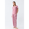 Moda Kadın Somon Kalp Desenli Kısa Kollu Penye Pijama Takımı