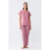 Moda Kadın Somon Kalp Desenli Kısa Kollu Penye Pijama Takımı