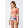 Moda Kadın Somon Pedli Üst ve Tropik Desenli Yüksek Bel Bikini Takımı