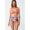 Moda Kadın Somon Pedli Üst ve Tropik Desenli Yüksek Bel Bikini Takımı