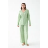 Moda Kadın Yeşil Kalp Desenli Düğmeli Pamuklu Pijama Takımı