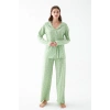 Moda Kadın Yeşil Kalp Desenli Düğmeli Pamuklu Pijama Takımı