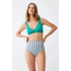 Moda Kadın Yeşil Pedli Geometrik Desenli Yüksek Bel Bikini Takımı