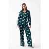 Moda Kadın Zümrüt Yeşili Kalp Desenli Düğmeli Pamuklu Pijama Takımı
