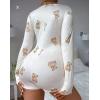 Pamuklu Beyaz Ayıcık Desenli Düğmeli Uzun Kol Tulum Pijama