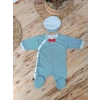 Papyonlu Çizgi Desen Çıtçıt Kapama Kasketli Erkek Bebek Tulumu Lacivert