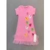 Renkli Kelebekler Nakışlı Eteği Fırfırlı Jile Çocuk Elbisesi Pembe