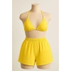 Sarı Şortlu Bağlamalı Bikini Takımı Üçgen Kesim Ayarlanabilir Esnek Kumaş Kadın Mayo Seti