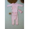 Şarkıcı Kuşlar Nakışlı Bandanalı Uzun Kollu Zıbınlı 3lü Kız Bebek Takımı Pembe