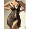 Siyah Dantel İşlemeli Göğüs İp Detaylı Dekolteli Fantezi Tül Gecelik String Takımı