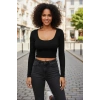 Siyah Derin U Yaka Crop Top Uzun Kollu Dar Kesim Kadın Bluz