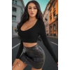 Siyah Derin U Yaka Crop Top Uzun Kollu Dar Kesim Kadın Bluz