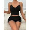 Siyah Fiyonk Detaylı Şortlu Pijama Takımı2li