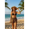 Siyah Leopar Desenli 3’lü Bikini Takımı Şortlu Yandan Bağlamalı Esnek Kumaş Kadın Mayo Seti