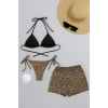 Siyah Leopar Desenli 3’lü Bikini Takımı Şortlu Yandan Bağlamalı Esnek Kumaş Kadın Mayo Seti