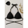Siyah Pedli Üçgen Bikini Üstü Halter Bağlamalı Aksesuarlı Esnek Kumaş Kadın Mayo Üstü