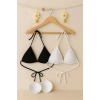 Siyah Ve Beyaz 2’li Üçgen Bikini Üstü Seti Bağlamalı Minimal Kesim Esnek Kadın Mayo Üstü