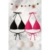 Siyah Ve Fuşya Detaylı Üçgen Bikini Üstü Bağlamalı Kadın Mayo Üstü 2li