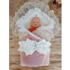Yenidoğan Wool Yün Kumaş Taç Nakışlı Güpür Duvaklı Fiyonk Prizma Taş Unisex Kundak Bebek Battaniyesi Pembe
