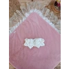 Yenidoğan Wool Yün Kumaş Taç Nakışlı Güpür Duvaklı Fiyonk Prizma Taş Unisex Kundak Bebek Battaniyesi Pembe