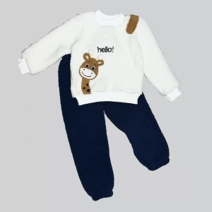 1-2-3 Yaş Hello Zürafa Nakışlı Kuzu Kumaş Sweat Pantolon Uzun Kollu Kız Erkek 2 Li Takımı