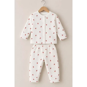 3-12 Ay Çilek Baskılı Çıtçıtlı Penye Bebek Pijama Takımı