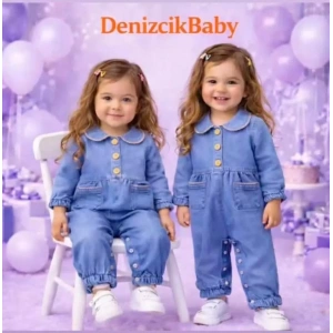 3-12 Ay Düğme Detaylı Kot Bebek Tulumu