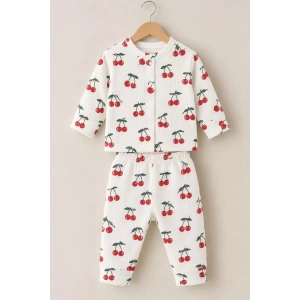 3-12 Ay Kiraz Baskılı Çıtçıtlı Penye Bebek Pijama Takımı