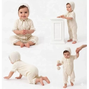 3/12 Ay Şapkalı Dantelli Jakar Kumaş Bebek Tulumu