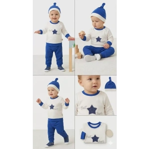 3-6 6-9 9-12 Ay Full Star Nakışlı Şapkalı Uzun Kollu Sweat 3lü Erkek Bebek Takımı