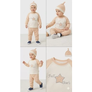 3-6 6-9 9-12 Ay Full Star Nakışlı Şapkalı Uzun Kollu Sweat 3lü Erkek Bebek Takımı