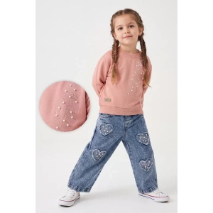 3/6 Yaş İncili Kalp Nakışlı Sweatli Kot Pantolonlu Çocuk Takımı