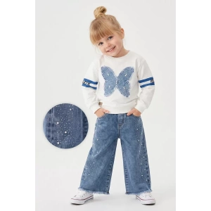 3/6 Yaş Taşlı Kelebek Nakışlı Sweatli Kot Pantolonlu Çocuk Takımı