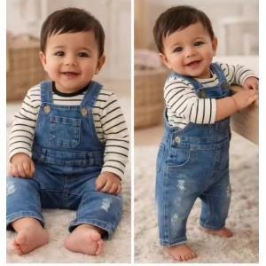 6-18 Ay Çizgili Badili Kot Salopet Bebek Takımı