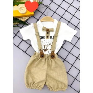 9-12-18-24 Ay Papyon Detaylı Keten Şort Salopet Tişörtlü 2li Erkek Bebek Takımı