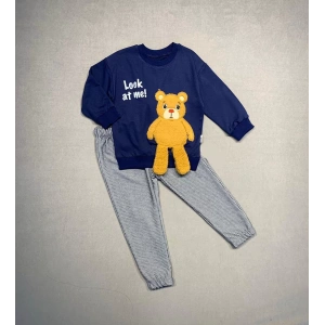 Ayıcık Sallanan Ayak Desenli Likra Penye Kumaş Sweat Pantolonlu Kız Erkek 2li Çocuk Takımı Lacivert
