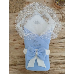 Bal Peteği My Prince Taç Nakışlı İnci Fiyonklu Dantel Duvaklı Delüks Kundak Bebek Battaniyesi Mavi