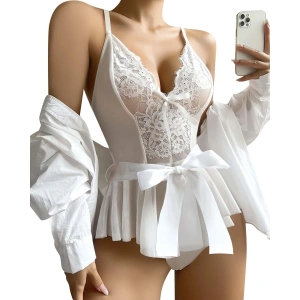 Beyaz Dantel İşlemeli Kurdelalı Fantezi Tül Babydoll