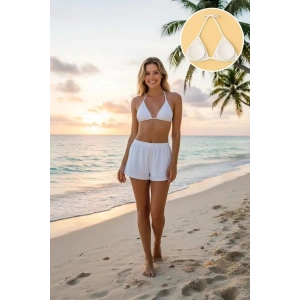 Beyaz Şortlu Bağlamalı Bikini Takımı Üçgen Kesim Ayarlanabilir Esnek Kumaş Kadın Mayo Seti