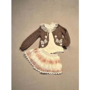 Brode Etekli Örme Hırkalı Uzun Kollu Sweat 3lü Kız Çocuk Takımı Kahverengi