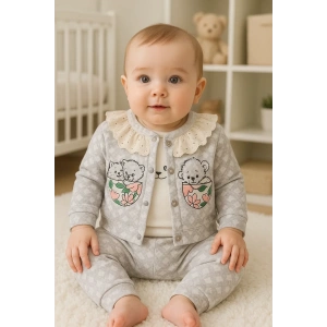 Brode İşlemeli Kalp Desenli 3lü Hırkalı Kız Bebek Takım