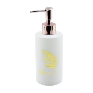Cam  Yuvarlak - Beyaz Şişe--gold Yaprak Desen Sıvı Sabunluk 350ml Bronz Plastik Pompa