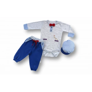 Cep Saat Nakışlı Şapkalı Uzun Kollu Zıbınlı 3lü Erkek Bebek Takımı Mavi