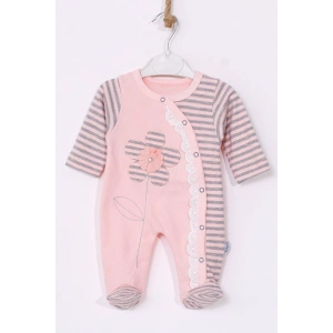 Çiçek Nakışlı % 100 Pamuk Ayaklı Kız Bebek Tulumu