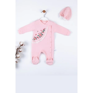 Çiçek Nakışlı Şapkalı % 100 Pamuk Kız Bebek Tulumu