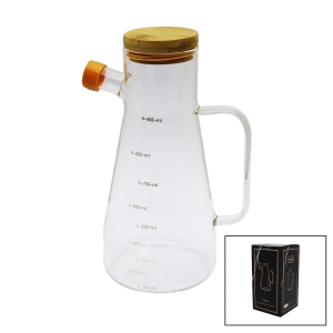 Damlatmaz Cam Yağdanlık Bambu Kapaklı Ölçekli 900ml