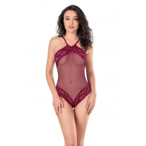 Dantel İşlemeli Bordo File Tül Bodysuit